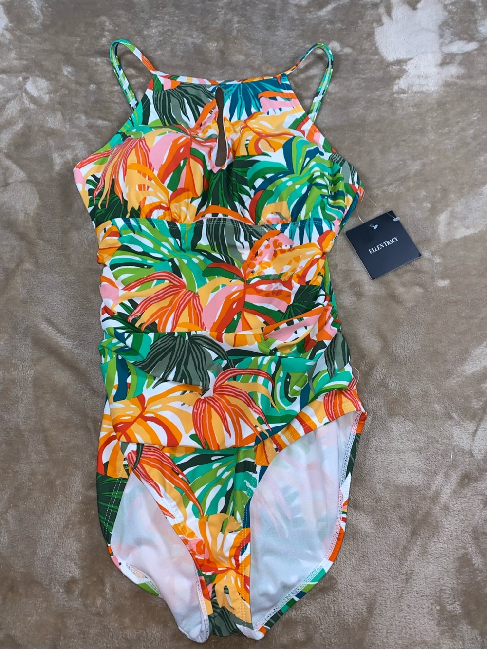 Ellen Tracy Tropical Leaf Print One-Piece Swimsuit - Green, Orange, Yellow, Pink